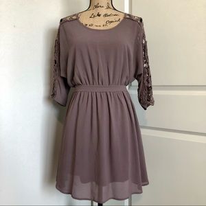 Gorgeous Mauve Crochet Sleeve Tie Waist Mini Dress